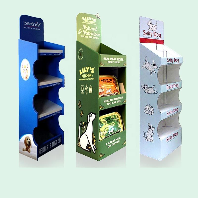 Portable display stand for trade shows and retail, a branded cardboard display stand with multiple product shelves